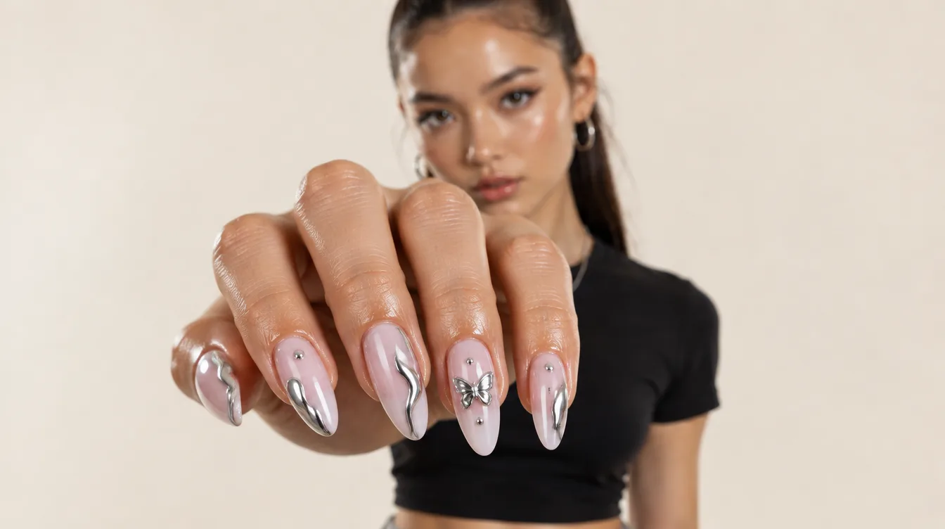 Pembe ve krom detaylı nail art; örnek tasarım görseli 2